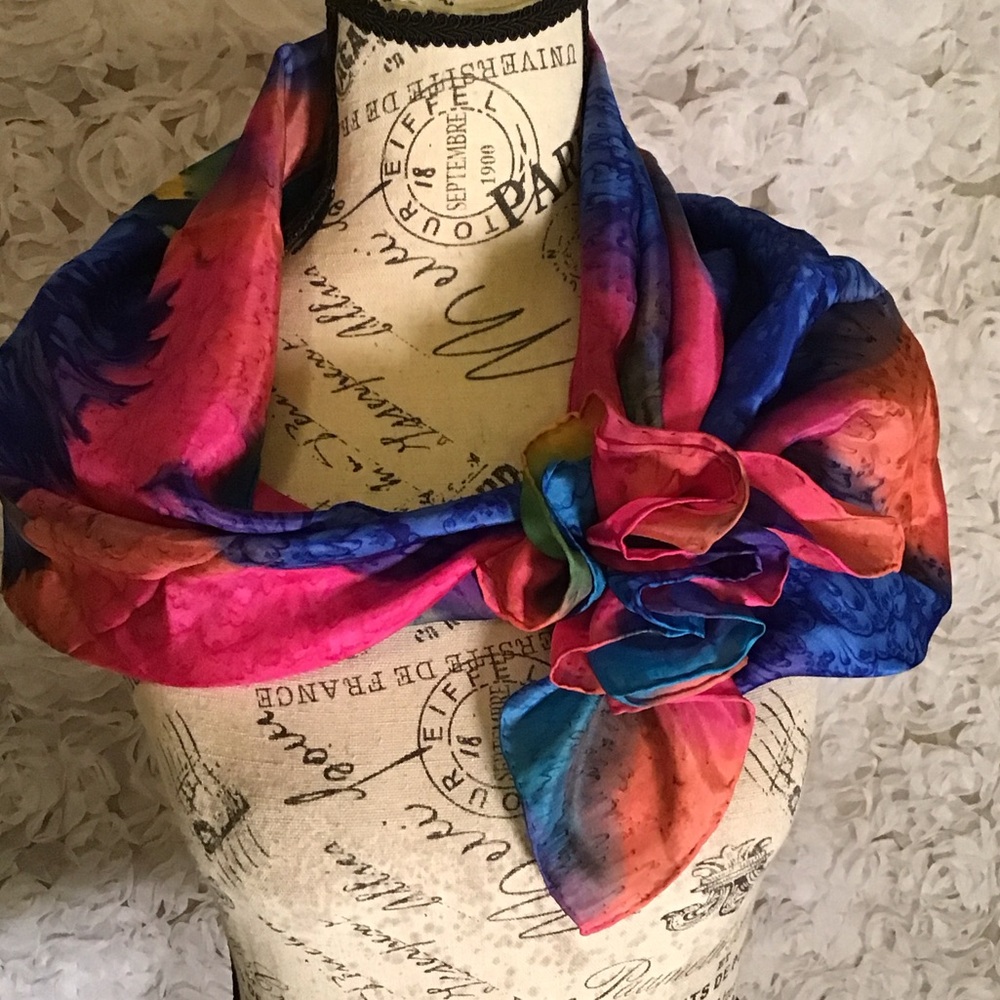 Vintage 100% Silk Hand-Rolled Water Color Blue Pink Orange Pattern Scarf